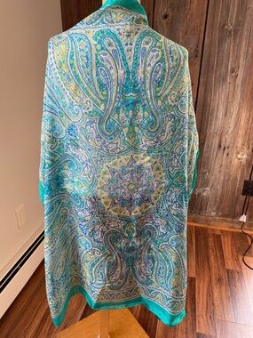 100% silk, large square paisley scarf teal blue yellow spring summer EUC